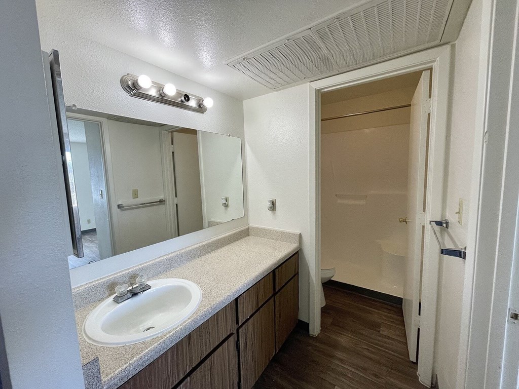 A bathroom with a sink, mirror, and light fixture.